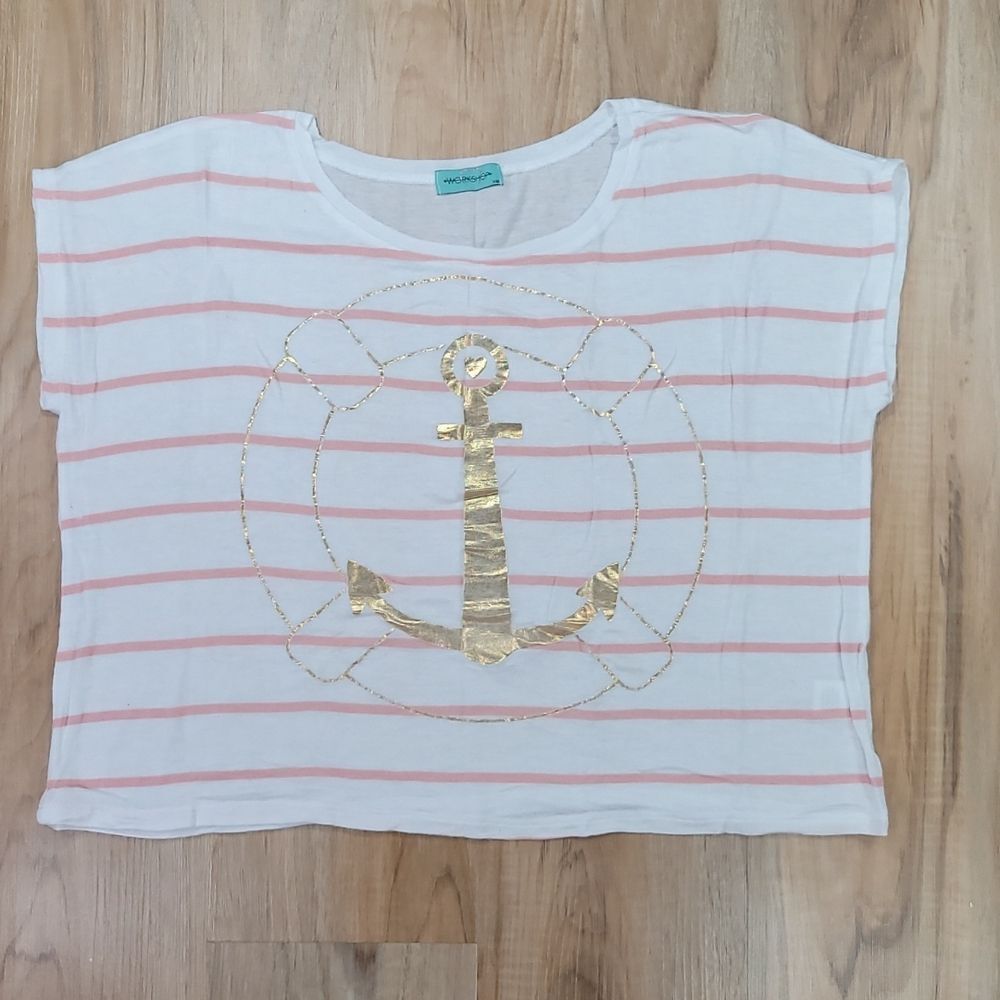 🔹️Workshop White & Pink Striped Gold Anchor Boxy Cropped Top XSmall